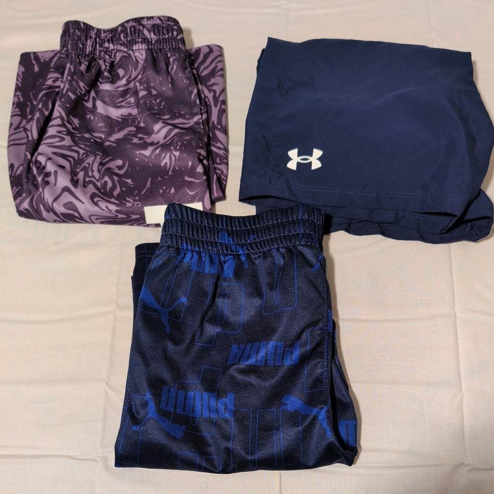 Boys Puma & Under Armour Athletic Shorts Bundle 3pk Navy Purple Size Large 14-16